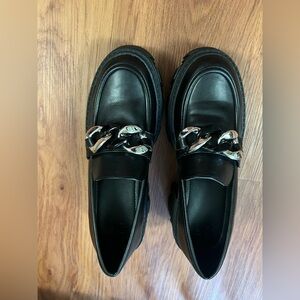 JustFab Black Loafers with Silver Chain